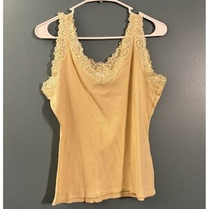 August Silk Lace Trim Ribbed Tank Top Cami Large Yellow Fairy Y2K Bella Swan‎